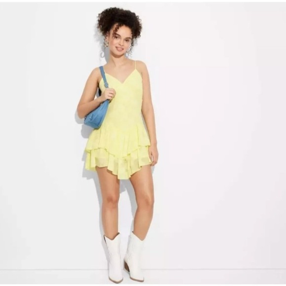 Wild Fable Women's Yellow V-Neck Tiered Mini Skater Dress – Size M, Summer‎ - Picture 1 of 11